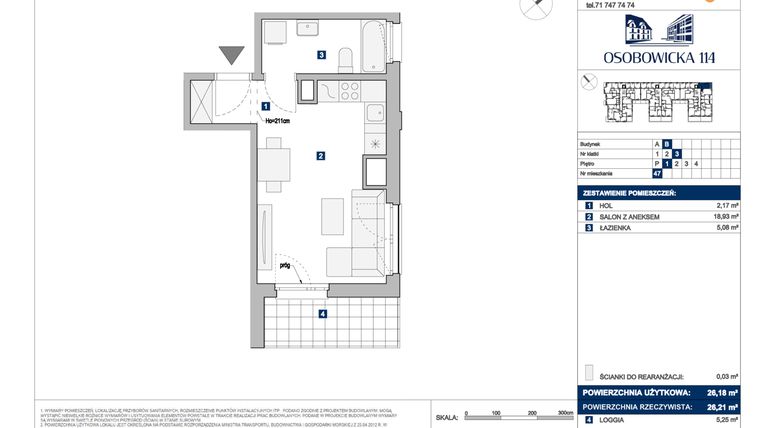 Rzut - Mieszkanie na sprzedaż 1 pokój o powierzchni 26,18 m² - numer B.47 w Osobowicka 114
