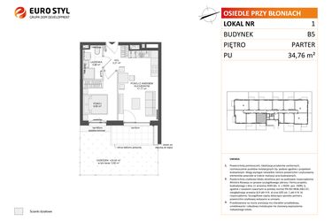 Rzut - Mieszkanie na sprzedaż 2 pokoje o powierzchni 34,76 m² - numer B5.1 w Osiedle Przy Błoniach 3 etap IV