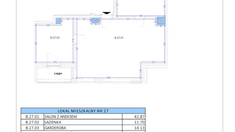 Rzut - Mieszkanie na sprzedaż 3 pokoje o powierzchni 68,7 m² - numer B.27 w Gaja Park