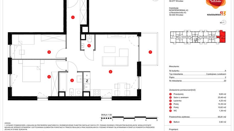 Rzut - Mieszkanie na sprzedaż 3 pokoje o powierzchni 65,81 m² - numer 20 w Nowodworska 43