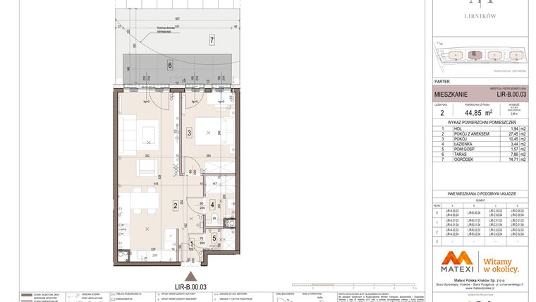 Rzut - Mieszkanie na sprzedaż 2 pokoje o powierzchni 44,85 m² - numer B.00.03 w Takt Lirników