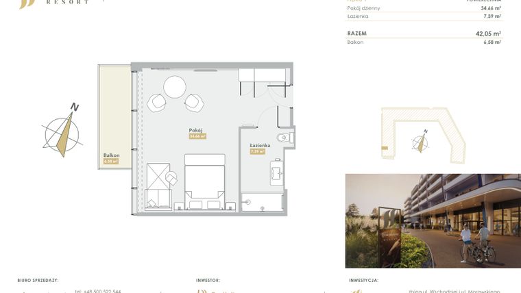 Rzut - Mieszkanie na sprzedaż 1 pokój o powierzchni 42,05 m² - numer H.1.7 w Harmony Resort