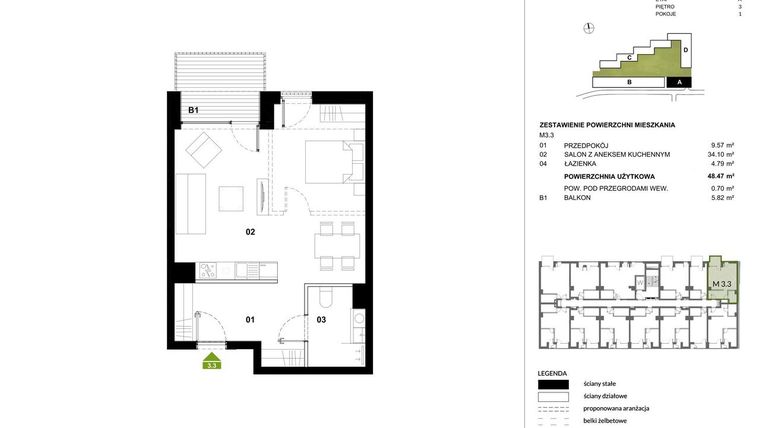 Rzut - Mieszkanie na sprzedaż 1 pokój o powierzchni 49,17 m² - numer A.3.3 w Kozielska Park