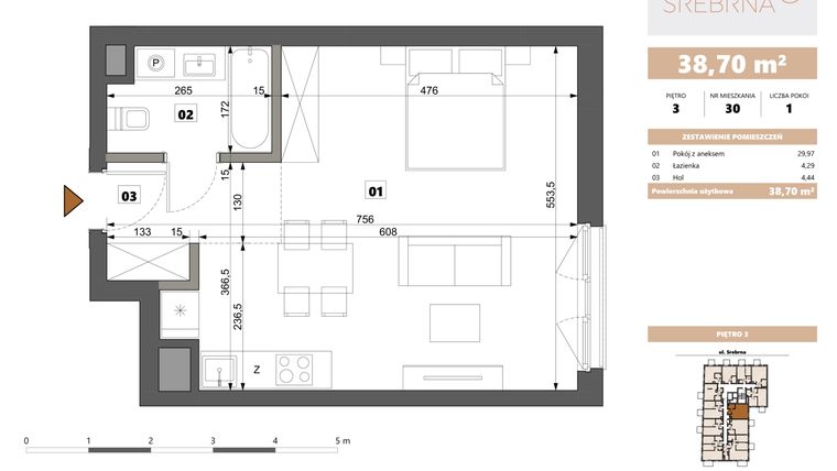 Rzut - Mieszkanie na sprzedaż 1 pokój o powierzchni 38,7 m² - numer 30 w Srebrna 5