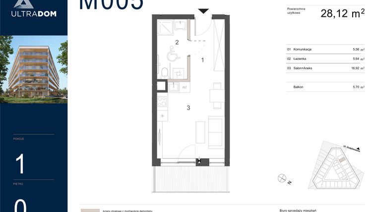 Rzut - Mieszkanie na sprzedaż 1 pokój o powierzchni 28,12 m² - numer M005 w Ultradom