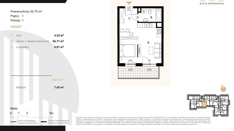 Rzut - Mieszkanie na sprzedaż 1 pokój o powierzchni 35,75 m² - numer M40 w Aleja Krakowska 201