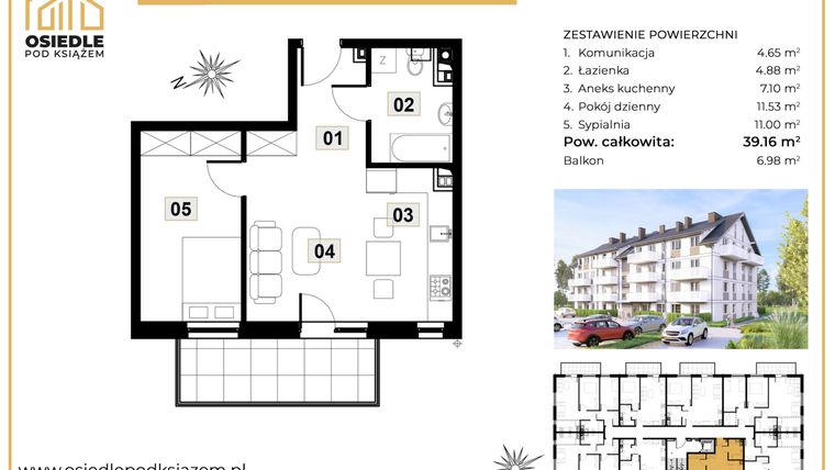 Rzut - Mieszkanie na sprzedaż 2 pokoje o powierzchni 39,16 m² - numer M28 w Osiedle Pod Książem