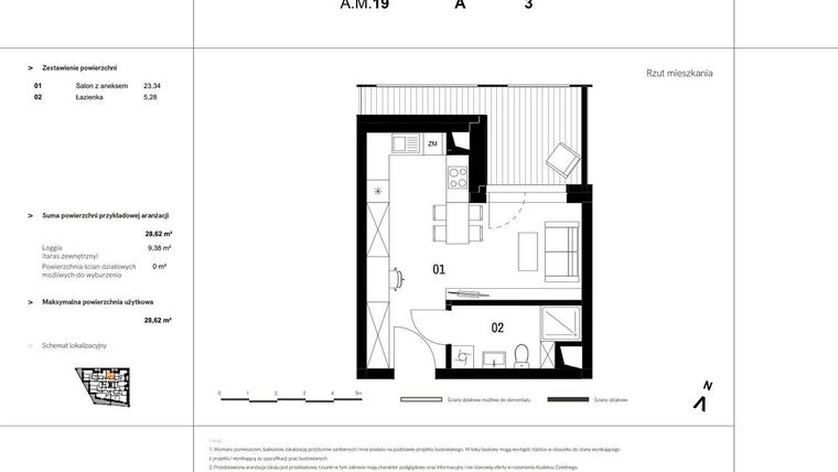 Rzut - Mieszkanie na sprzedaż 1 pokój o powierzchni 29,24 m² - numer A.M.19 w VIDOK