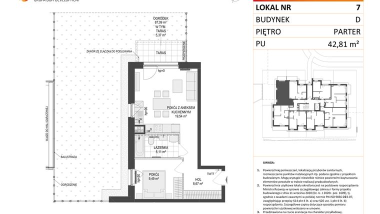 Rzut - Mieszkanie na sprzedaż 2 pokoje o powierzchni 42,81 m² - numer D.7 w Osiedle Warszawska etap II
