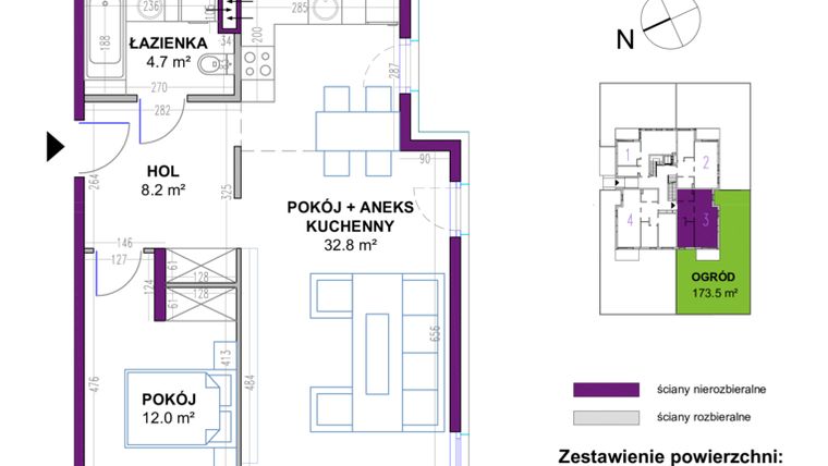 Rzut - Mieszkanie na sprzedaż 2 pokoje o powierzchni 57,7 m² - numer 3B.3 w Osiedle Szczęsna