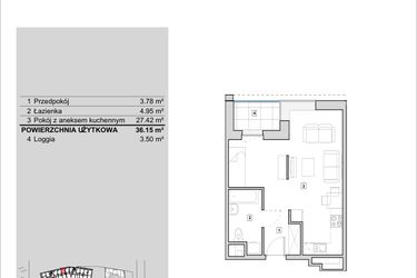 Rzut - Mieszkanie na sprzedaż 1 pokój o powierzchni 36,15 m² - numer H1-A-8-3 w Heyki City