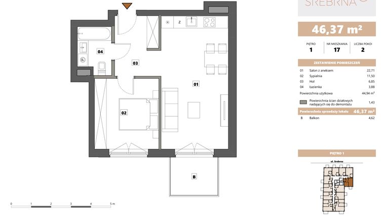 Rzut - Mieszkanie na sprzedaż 2 pokoje o powierzchni 46,37 m² - numer 17 w Srebrna 5