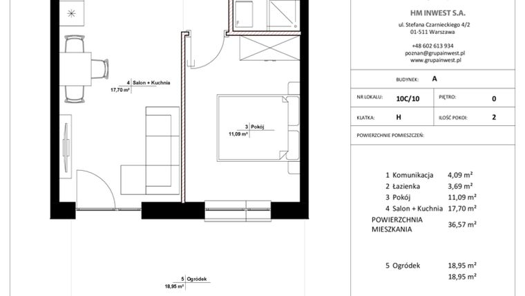 Rzut - Mieszkanie na sprzedaż 2 pokoje o powierzchni 36,57 m² - numer 10C/10 w Jasielska 8C etap II