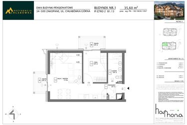 Rzut - Mieszkanie na sprzedaż 2 pokoje o powierzchni 35,6 m² - numer B1.13 w Rezydencja Chłabówka