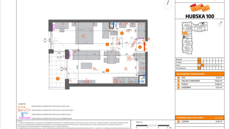 Rzut - Mieszkanie na sprzedaż 2 pokoje o powierzchni 41,12 m² - numer 6 w Hubska 100 etap 2