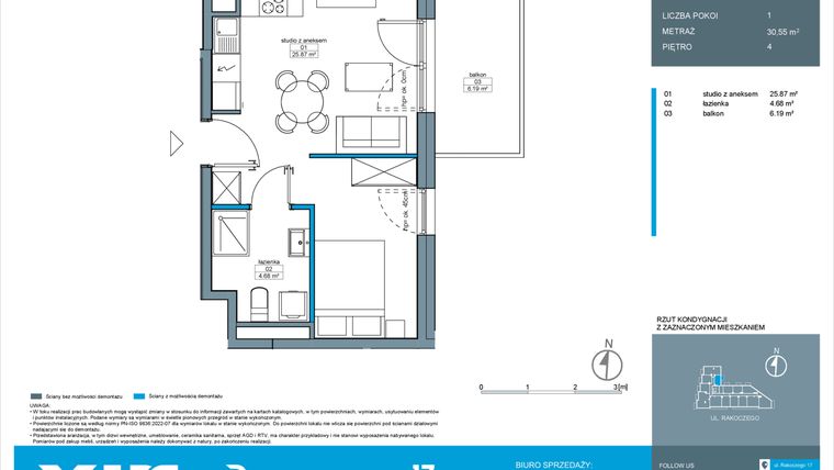 Rzut - Mieszkanie na sprzedaż 1 pokój o powierzchni 30,55 m² - numer A.4.13 w Rakoczego 17