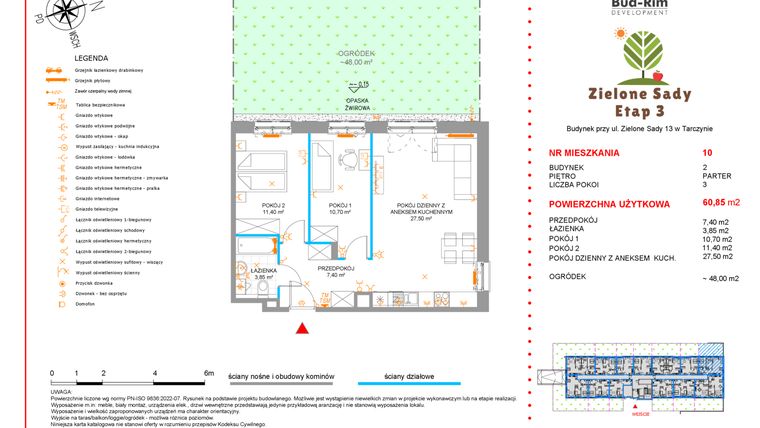 Rzut - Mieszkanie na sprzedaż 3 pokoje o powierzchni 60,85 m² - numer 10 w Zielone Sady etap III B2