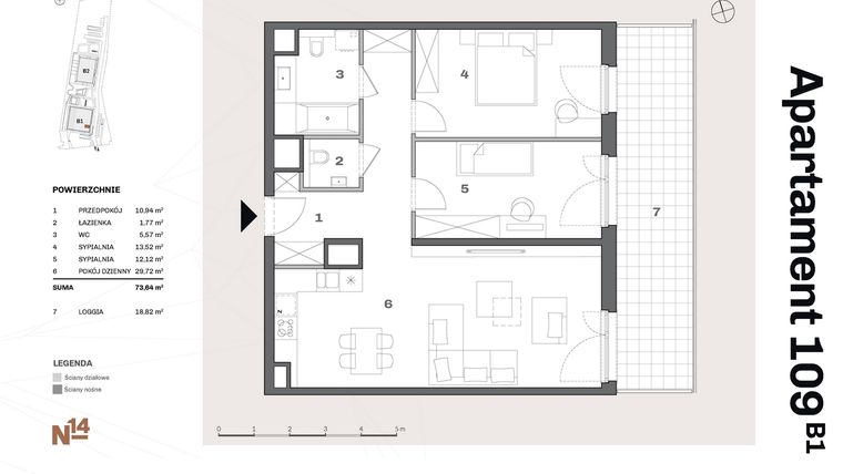Rzut - Mieszkanie na sprzedaż 3 pokoje o powierzchni 74,13 m² - numer B1.109 w Nadgórników 14