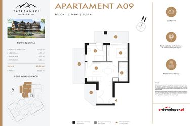 Rzut - Mieszkanie na sprzedaż 3 pokoje o powierzchni 49,5 m² - numer A09 w Tatrzański Resort