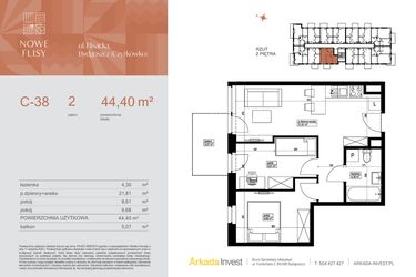 Rzut - Mieszkanie na sprzedaż 3 pokoje o powierzchni 44,4 m² - numer M38_NF.c w Nowe Flisy II