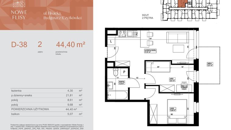 Rzut - Mieszkanie na sprzedaż 3 pokoje o powierzchni 44,4 m² - numer M38_NF.d w Nowe Flisy II