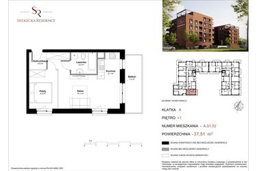 Rzut - Mieszkanie na sprzedaż 2 pokoje o powierzchni 37,46 m² - numer A-01-02 w Siedlecka Residence