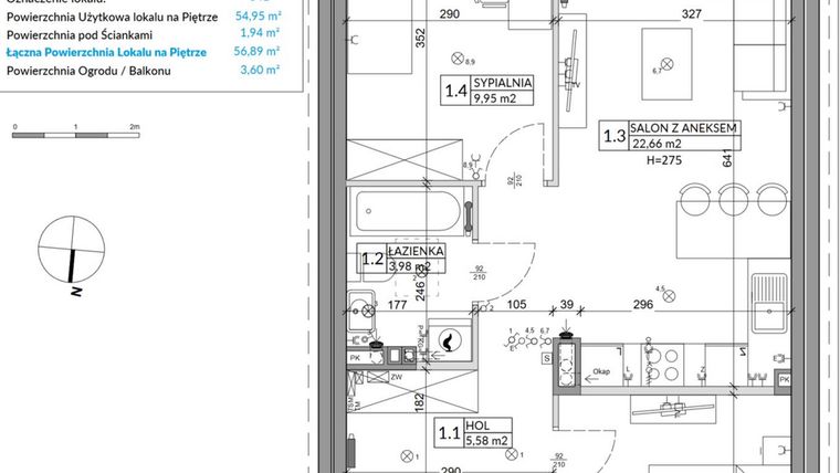 Rzut - Mieszkanie na sprzedaż 3 pokoje o powierzchni 56,89 m² - numer 64B w Osiedle Młodych etap X