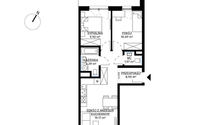 Rzut - Mieszkanie na sprzedaż 3 pokoje o powierzchni 54,78 m² - numer M84 w KWADRAT etap 2