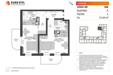 Rzut - Mieszkanie na sprzedaż 1 pokój o powierzchni 57,49 m² - numer A.208 w Esencja - Apartamenty inwestycyjne
