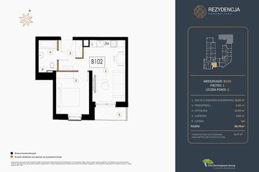 Rzut - Mieszkanie na sprzedaż 2 pokoje o powierzchni 38,7 m² - numer B.102 w Rezydencja Śródmiejska