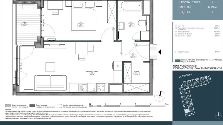 Rzut - Mieszkanie na sprzedaż 2 pokoje o powierzchni 44,89 m² - numer 10 w Portowa Zabłocie