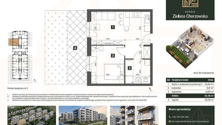Rzut - Mieszkanie na sprzedaż 2 pokoje o powierzchni 42,38 m² - numer B2.M1 w Osiedle Zielona Chorzowska