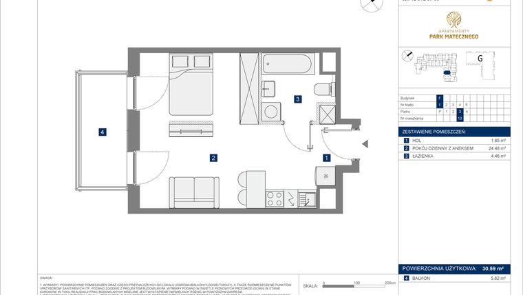 Rzut - Mieszkanie na sprzedaż 1 pokój o powierzchni 30,59 m² - numer F-13 w Apartamenty Park Matecznego Etap 2
