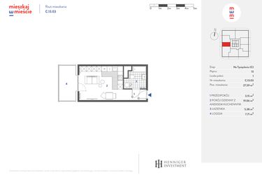 Rzut - Mieszkanie na sprzedaż 1 pokój o powierzchni 27,59 m² - numer C.13.03 w Mieszkaj w mieście - Na Tysiącleciu budynek C