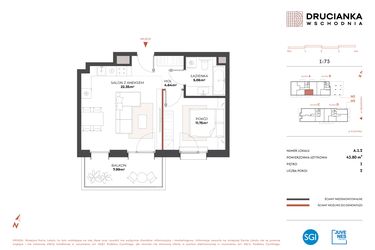 Rzut - Mieszkanie na sprzedaż 2 pokoje o powierzchni 43,8 m² - numer A.1.2 w Drucianka Wschodnia