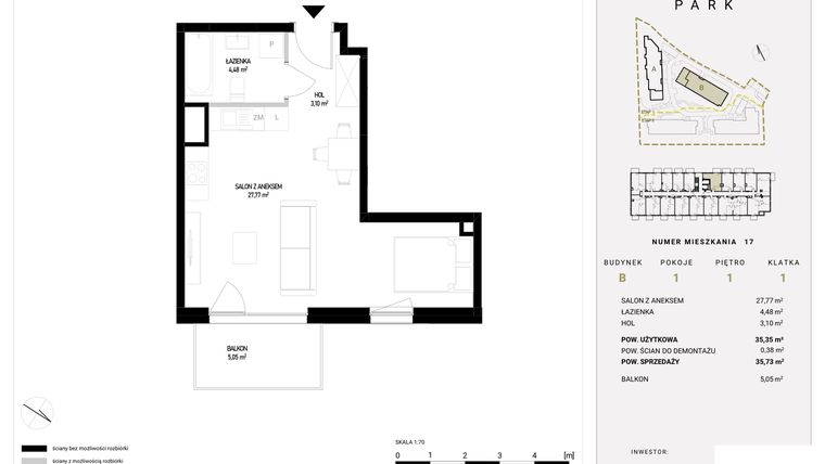 Rzut - Mieszkanie na sprzedaż 1 pokój o powierzchni 35,73 m² - numer B1.17 w Witosa Park
