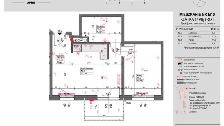 Rzut - Mieszkanie na sprzedaż 2 pokoje o powierzchni 41,4 m² - numer M10 w Antczaka 46