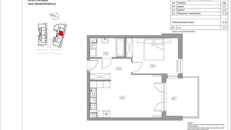 Rzut - Mieszkanie na sprzedaż 2 pokoje o powierzchni 50,68 m² - numer B.24 w Villa Verona Mielno