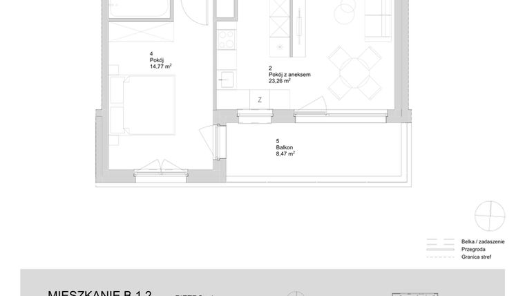 Rzut - Mieszkanie na sprzedaż 2 pokoje o powierzchni 48,95 m² - numer B.1.2 w ATAL Parkowa