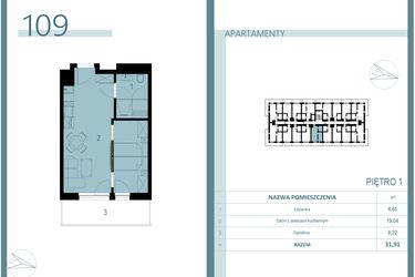 Rzut - Mieszkanie na sprzedaż 1 pokój o powierzchni 31,91 m² - numer 109 w Linea Mare Mrzeżyno