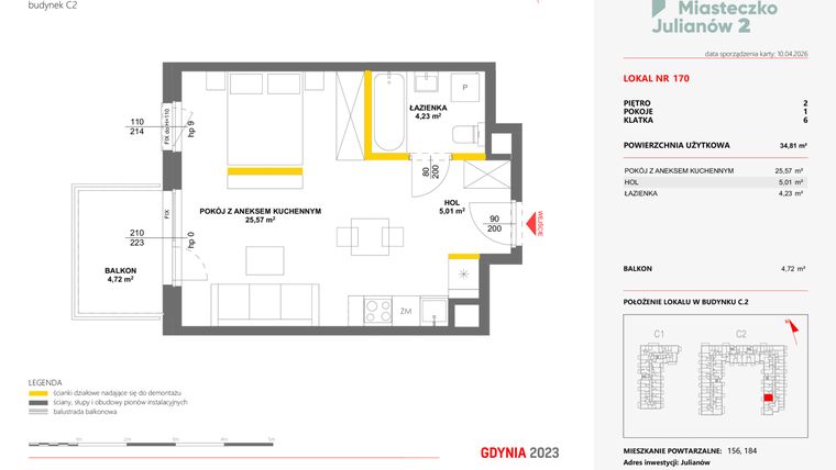 Rzut - Mieszkanie na sprzedaż 1 pokój o powierzchni 34,81 m² - numer 170 w Miasteczko Julianów etap 2