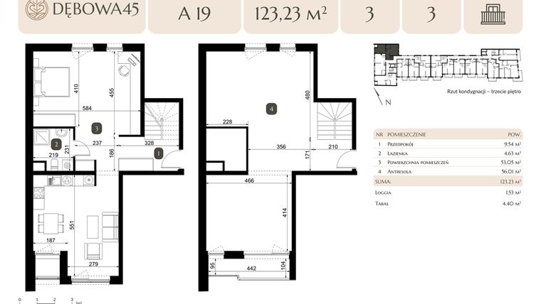Rzut - Mieszkanie na sprzedaż 3 pokoje o powierzchni 123,23 m² - numer A.19 w Dębowa 45