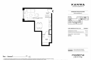 Rzut - Mieszkanie na sprzedaż 1 pokój o powierzchni 36,14 m² - numer C.01.02 w KANWA