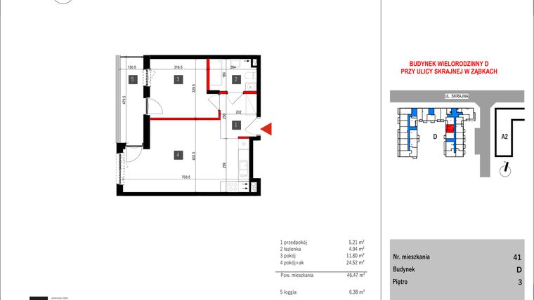 Rzut - Mieszkanie na sprzedaż 2 pokoje o powierzchni 46,47 m² - numer D.41 w Skrajna 9 bud. D