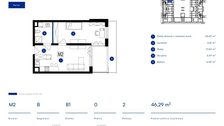 Rzut - Mieszkanie na sprzedaż 2 pokoje o powierzchni 46,29 m² - numer 2B w Przy Bursztynowej