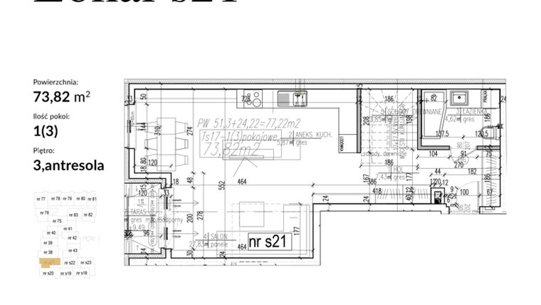Rzut - Mieszkanie na sprzedaż 3 pokoje o powierzchni 77,22 m² - numer s21 w Kolegialna Residence