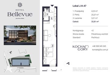 Rzut - Mieszkanie na sprzedaż 1 pokój o powierzchni 32,81 m² - numer 47 w Hotel Bellevue