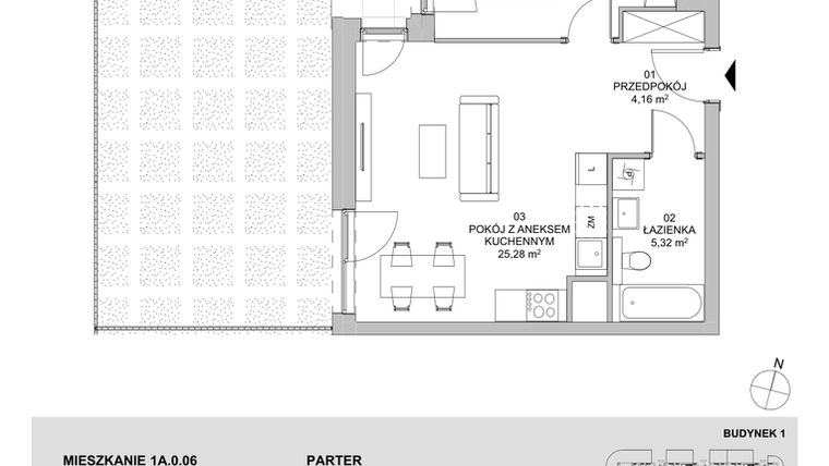 Rzut - Mieszkanie na sprzedaż 2 pokoje o powierzchni 46,65 m² - numer 1A.0.06 w Francuska Park VIIIB