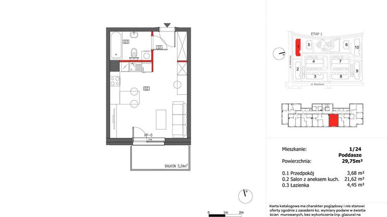 Rzut - Mieszkanie na sprzedaż 1 pokój o powierzchni 29,75 m² - numer 1/24 w Słoneczny Zakątek