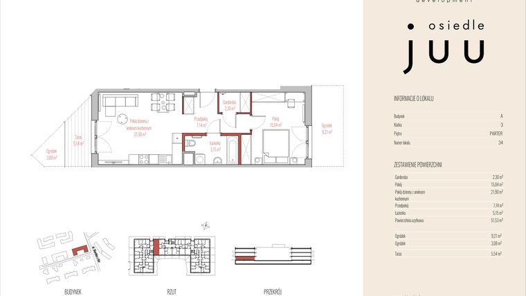 Rzut - Mieszkanie na sprzedaż 2 pokoje o powierzchni 51,53 m² - numer A.M034 w Osiedle Juu